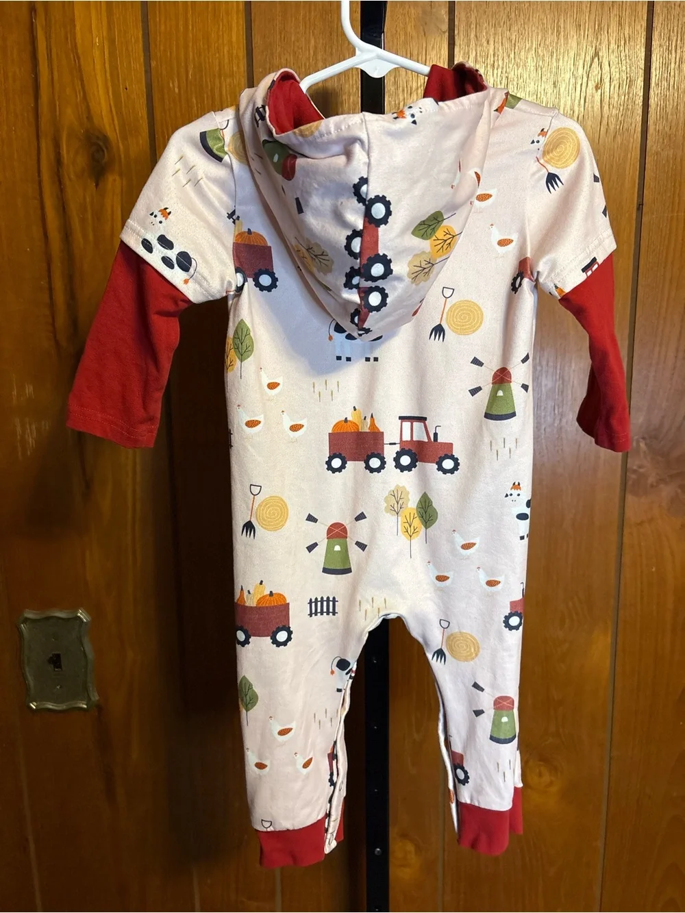 Farm-Print Hooded One-Piece Footie in Cream and Red